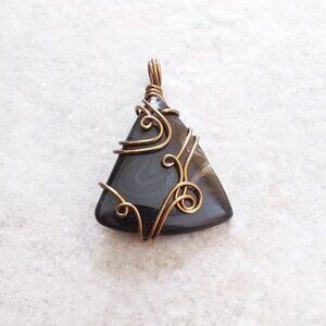 Handmade & Unique! Swirly Black Coffee! Wire Wrapped Banded Brown Agate Pendant
